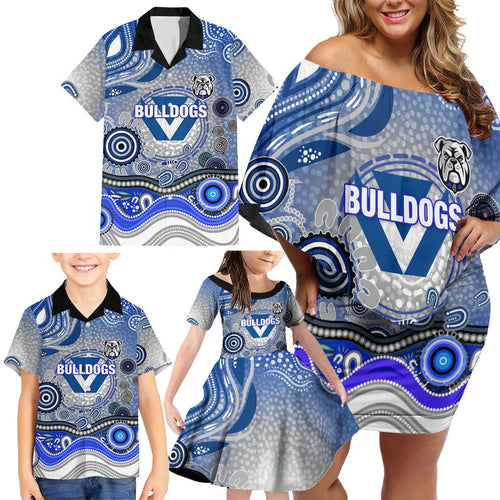 Canterbury Bankstown Bulldogs Rugby Family Matching Off Shoulder Short Dress and Hawaiian Shirt Australian Aboriginal Dot Painting Style
