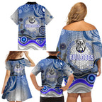 Canterbury Bankstown Bulldogs Rugby Family Matching Off Shoulder Short Dress and Hawaiian Shirt Australian Aboriginal Dot Painting Style
