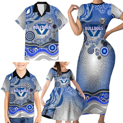 Canterbury Bankstown Bulldogs Rugby Family Matching Short Sleeve Bodycon Dress and Hawaiian Shirt Australian Aboriginal Dot Painting Style