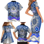 Canterbury Bankstown Bulldogs Rugby Family Matching Short Sleeve Bodycon Dress and Hawaiian Shirt Australian Aboriginal Dot Painting Style