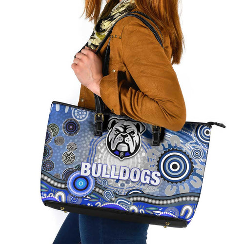 Canterbury Bankstown Bulldogs Rugby Leather Tote Bag Australian Aboriginal Dot Painting Style
