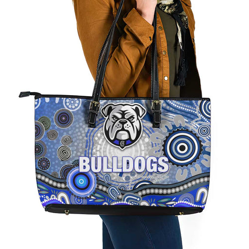 Canterbury Bankstown Bulldogs Rugby Leather Tote Bag Australian Aboriginal Dot Painting Style