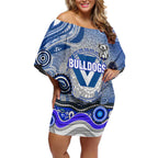 Canterbury Bankstown Bulldogs Rugby Off Shoulder Short Dress Australian Aboriginal Dot Painting Style
