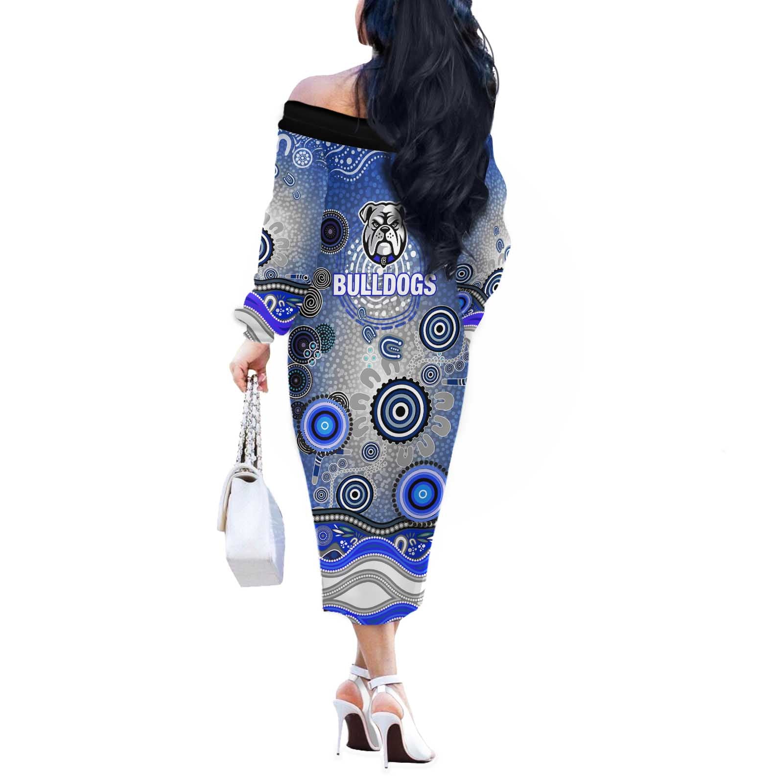 Canterbury Bankstown Bulldogs Rugby Off The Shoulder Long Sleeve Dress Australian Aboriginal Dot Painting Style