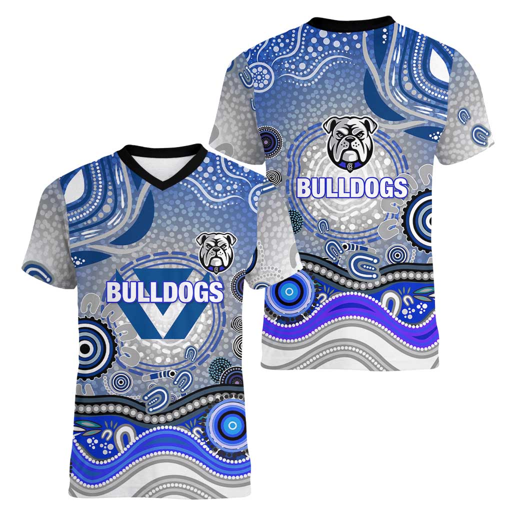 Canterbury Bankstown Bulldogs Rugby Women V-Neck T-Shirt Australian Aboriginal Dot Painting Style