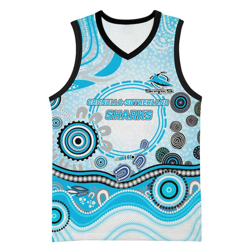Cronulla Sutherland Sharks Rugby Basketball Jersey Australian Aboriginal Dot Painting Style