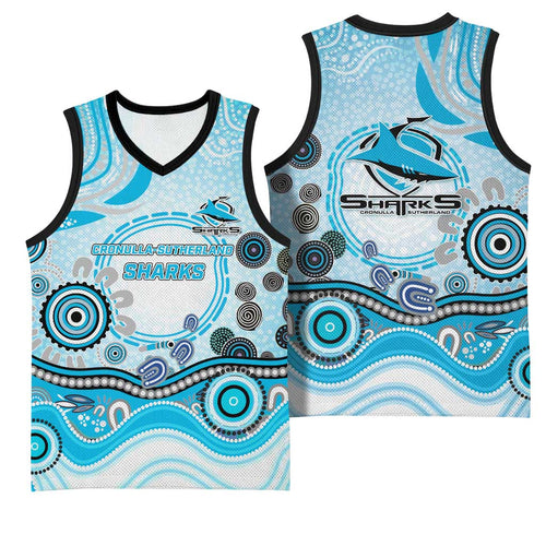 Cronulla Sutherland Sharks Rugby Basketball Jersey Australian Aboriginal Dot Painting Style