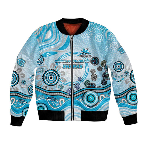 Cronulla Sutherland Sharks Rugby Bomber Jacket Australian Aboriginal Dot Painting Style