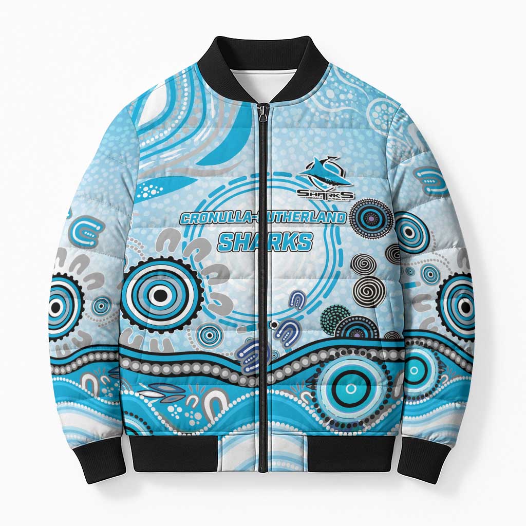 Cronulla Sutherland Sharks Rugby Bomber Puffer Jacket Australian Aboriginal Dot Painting Style
