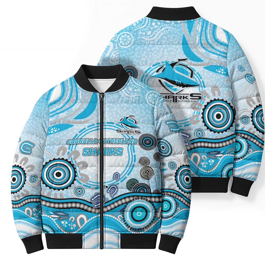 Cronulla Sutherland Sharks Rugby Bomber Puffer Jacket Australian Aboriginal Dot Painting Style