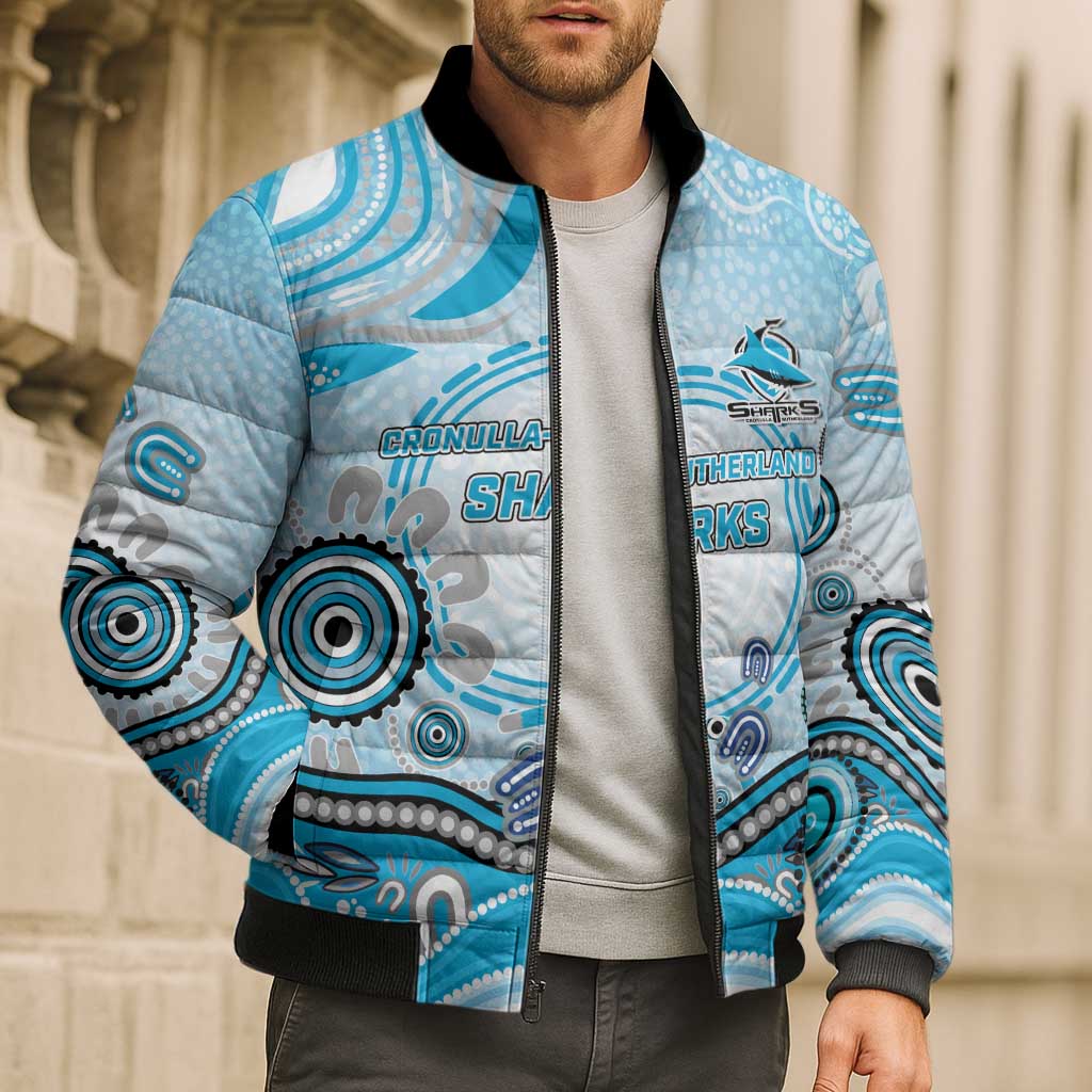 Cronulla Sutherland Sharks Rugby Bomber Puffer Jacket Australian Aboriginal Dot Painting Style