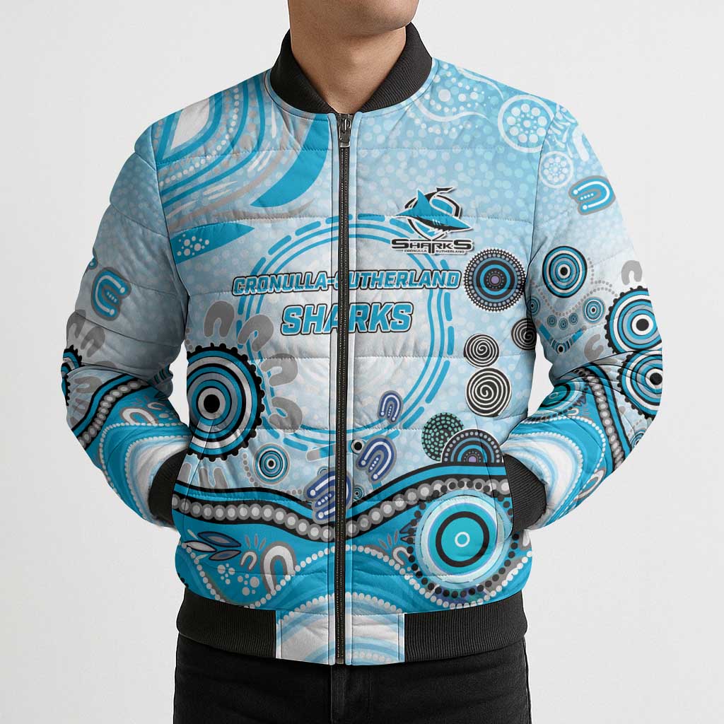Cronulla Sutherland Sharks Rugby Bomber Puffer Jacket Australian Aboriginal Dot Painting Style