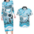 Cronulla Sutherland Sharks Rugby Couples Matching Long Sleeve Bodycon Dress and Hawaiian Shirt Australian Aboriginal Dot Painting Style
