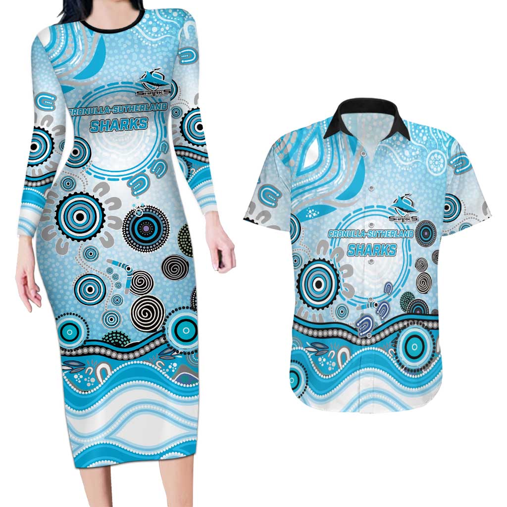 Cronulla Sutherland Sharks Rugby Couples Matching Long Sleeve Bodycon Dress and Hawaiian Shirt Australian Aboriginal Dot Painting Style