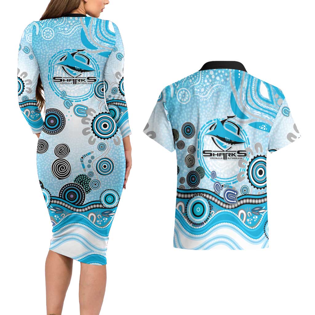 Cronulla Sutherland Sharks Rugby Couples Matching Long Sleeve Bodycon Dress and Hawaiian Shirt Australian Aboriginal Dot Painting Style