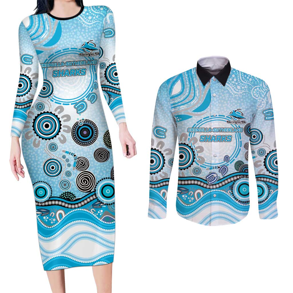 Cronulla Sutherland Sharks Rugby Couples Matching Long Sleeve Bodycon Dress and Long Sleeve Button Shirt Australian Aboriginal Dot Painting Style