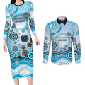 Cronulla Sutherland Sharks Rugby Couples Matching Long Sleeve Bodycon Dress and Long Sleeve Button Shirt Australian Aboriginal Dot Painting Style