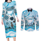 Cronulla Sutherland Sharks Rugby Couples Matching Long Sleeve Bodycon Dress and Long Sleeve Button Shirt Australian Aboriginal Dot Painting Style