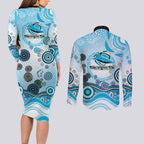 Cronulla Sutherland Sharks Rugby Couples Matching Long Sleeve Bodycon Dress and Long Sleeve Button Shirt Australian Aboriginal Dot Painting Style