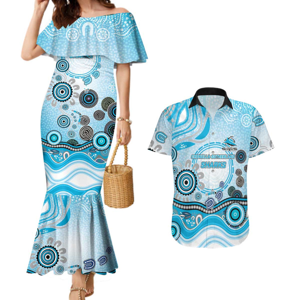 Cronulla Sutherland Sharks Rugby Couples Matching Mermaid Dress and Hawaiian Shirt Australian Aboriginal Dot Painting Style
