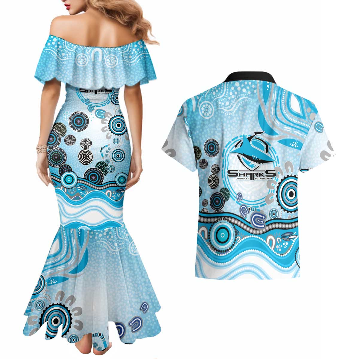 Cronulla Sutherland Sharks Rugby Couples Matching Mermaid Dress and Hawaiian Shirt Australian Aboriginal Dot Painting Style