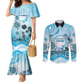 Cronulla Sutherland Sharks Rugby Couples Matching Mermaid Dress and Long Sleeve Button Shirt Australian Aboriginal Dot Painting Style