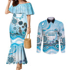 Cronulla Sutherland Sharks Rugby Couples Matching Mermaid Dress and Long Sleeve Button Shirt Australian Aboriginal Dot Painting Style
