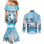 Cronulla Sutherland Sharks Rugby Couples Matching Mermaid Dress and Long Sleeve Button Shirt Australian Aboriginal Dot Painting Style