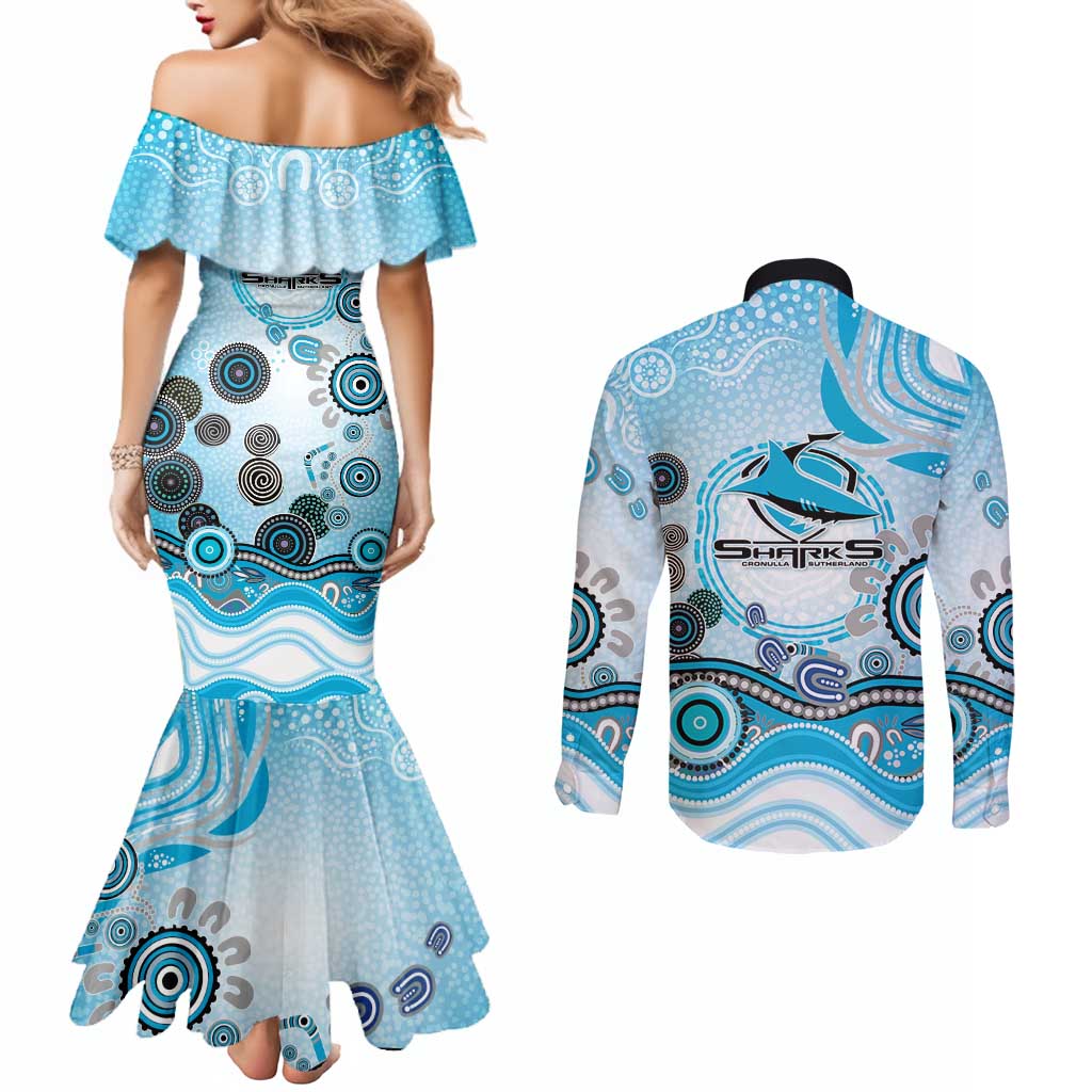 Cronulla Sutherland Sharks Rugby Couples Matching Mermaid Dress and Long Sleeve Button Shirt Australian Aboriginal Dot Painting Style