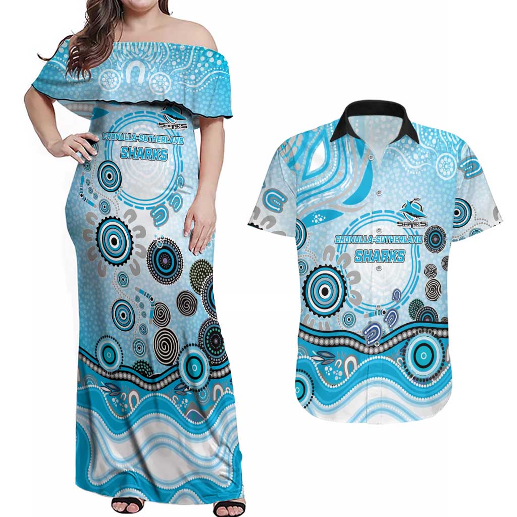 Cronulla Sutherland Sharks Rugby Couples Matching Off Shoulder Maxi Dress and Hawaiian Shirt Australian Aboriginal Dot Painting Style