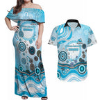 Cronulla Sutherland Sharks Rugby Couples Matching Off Shoulder Maxi Dress and Hawaiian Shirt Australian Aboriginal Dot Painting Style