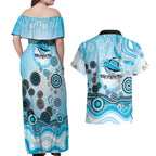 Cronulla Sutherland Sharks Rugby Couples Matching Off Shoulder Maxi Dress and Hawaiian Shirt Australian Aboriginal Dot Painting Style