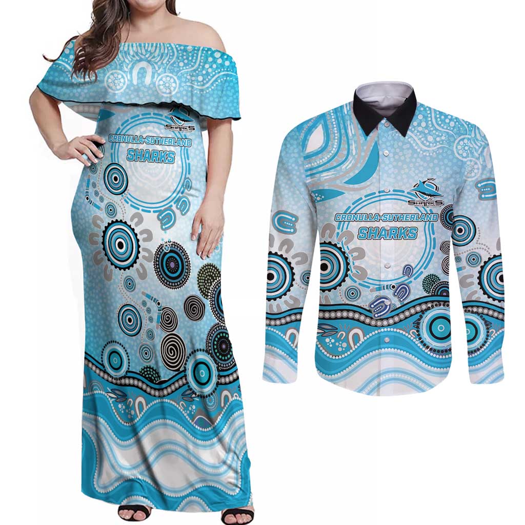 Cronulla Sutherland Sharks Rugby Couples Matching Off Shoulder Maxi Dress and Long Sleeve Button Shirt Australian Aboriginal Dot Painting Style