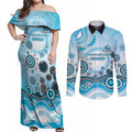 Cronulla Sutherland Sharks Rugby Couples Matching Off Shoulder Maxi Dress and Long Sleeve Button Shirt Australian Aboriginal Dot Painting Style