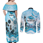 Cronulla Sutherland Sharks Rugby Couples Matching Off Shoulder Maxi Dress and Long Sleeve Button Shirt Australian Aboriginal Dot Painting Style