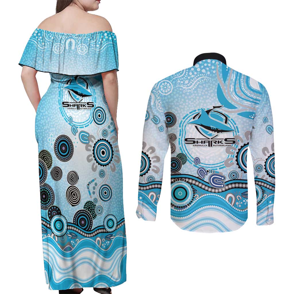 Cronulla Sutherland Sharks Rugby Couples Matching Off Shoulder Maxi Dress and Long Sleeve Button Shirt Australian Aboriginal Dot Painting Style