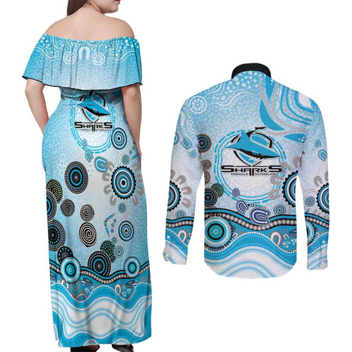 Cronulla Sutherland Sharks Rugby Couples Matching Off Shoulder Maxi Dress and Long Sleeve Button Shirt Australian Aboriginal Dot Painting Style