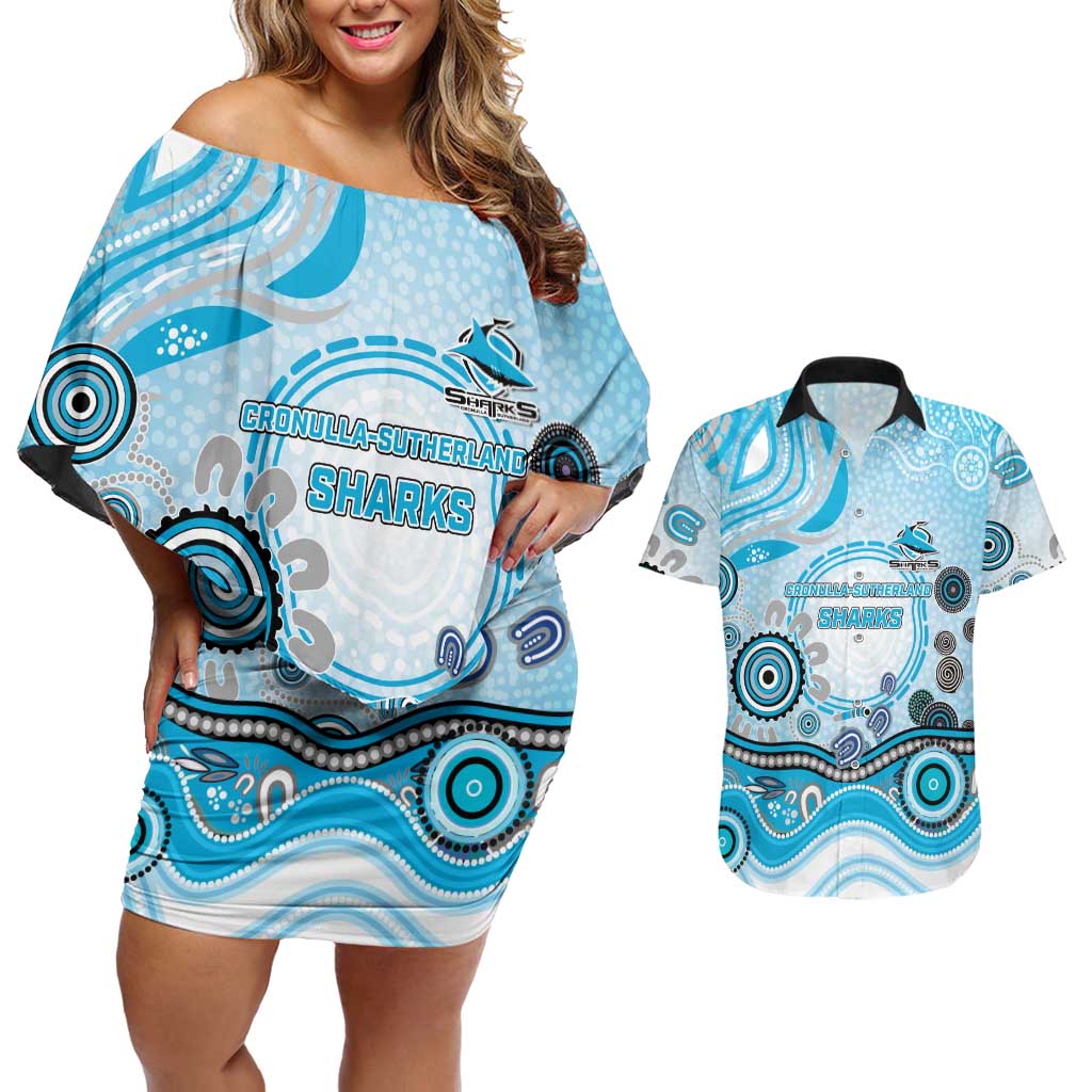 Cronulla Sutherland Sharks Rugby Couples Matching Off Shoulder Short Dress and Hawaiian Shirt Australian Aboriginal Dot Painting Style