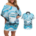 Cronulla Sutherland Sharks Rugby Couples Matching Off Shoulder Short Dress and Hawaiian Shirt Australian Aboriginal Dot Painting Style