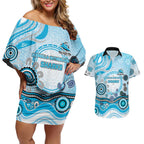 Cronulla Sutherland Sharks Rugby Couples Matching Off Shoulder Short Dress and Hawaiian Shirt Australian Aboriginal Dot Painting Style