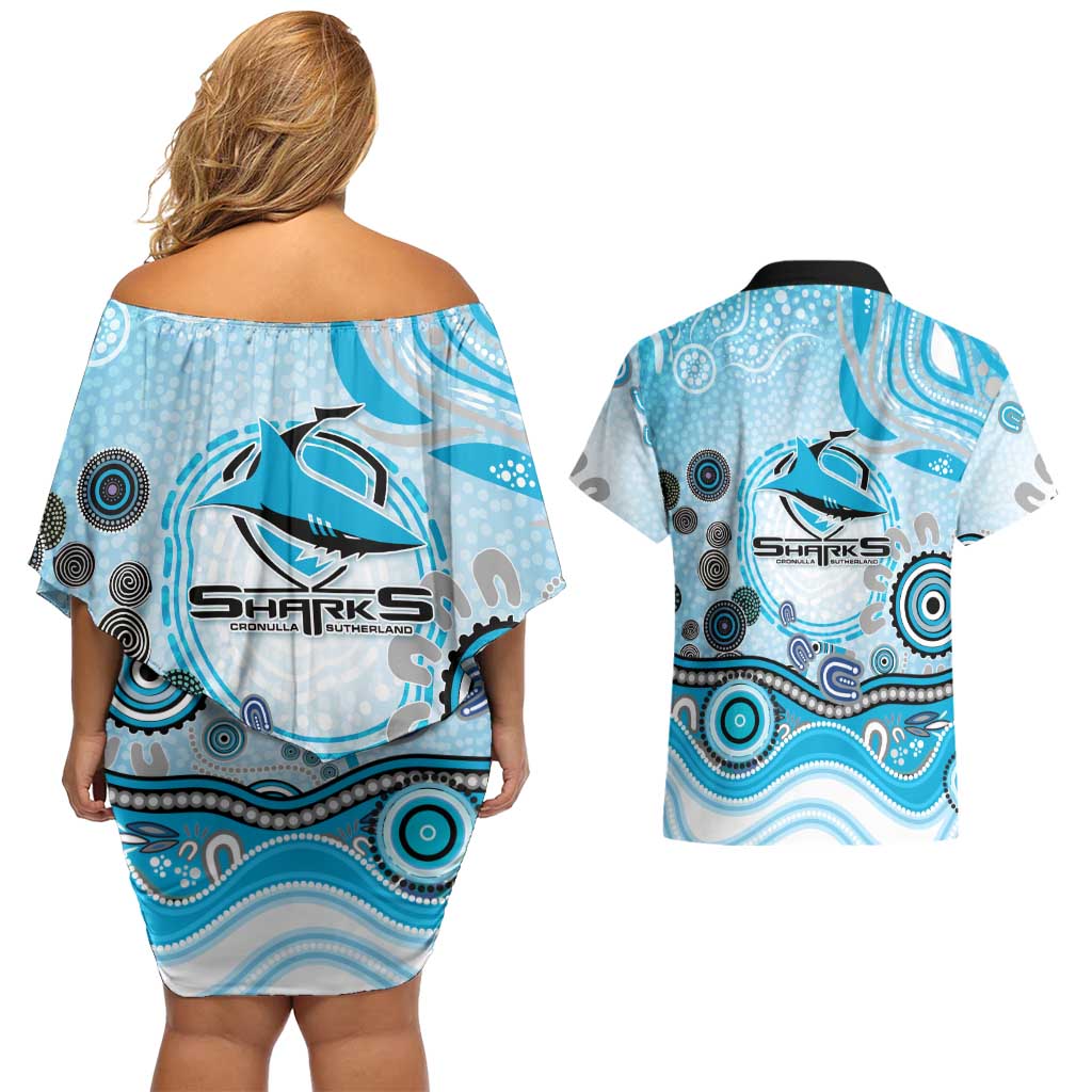 Cronulla Sutherland Sharks Rugby Couples Matching Off Shoulder Short Dress and Hawaiian Shirt Australian Aboriginal Dot Painting Style