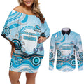 Cronulla Sutherland Sharks Rugby Couples Matching Off Shoulder Short Dress and Long Sleeve Button Shirt Australian Aboriginal Dot Painting Style