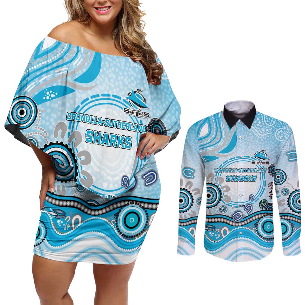 Cronulla Sutherland Sharks Rugby Couples Matching Off Shoulder Short Dress and Long Sleeve Button Shirt Australian Aboriginal Dot Painting Style