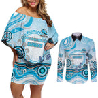 Cronulla Sutherland Sharks Rugby Couples Matching Off Shoulder Short Dress and Long Sleeve Button Shirt Australian Aboriginal Dot Painting Style