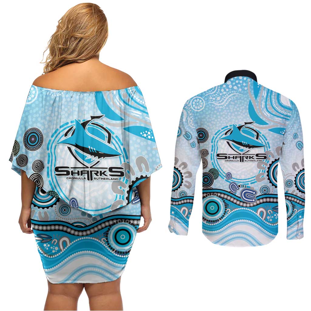 Cronulla Sutherland Sharks Rugby Couples Matching Off Shoulder Short Dress and Long Sleeve Button Shirt Australian Aboriginal Dot Painting Style