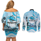 Cronulla Sutherland Sharks Rugby Couples Matching Off Shoulder Short Dress and Long Sleeve Button Shirt Australian Aboriginal Dot Painting Style