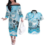 Cronulla Sutherland Sharks Rugby Couples Matching Off The Shoulder Long Sleeve Dress and Hawaiian Shirt Australian Aboriginal Dot Painting Style