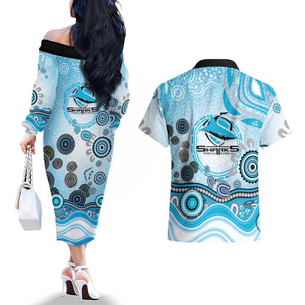 Cronulla Sutherland Sharks Rugby Couples Matching Off The Shoulder Long Sleeve Dress and Hawaiian Shirt Australian Aboriginal Dot Painting Style