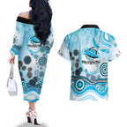 Cronulla Sutherland Sharks Rugby Couples Matching Off The Shoulder Long Sleeve Dress and Hawaiian Shirt Australian Aboriginal Dot Painting Style
