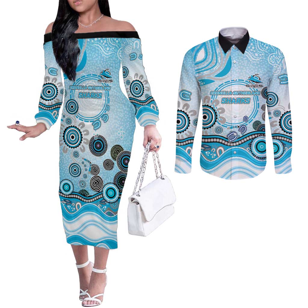 Cronulla Sutherland Sharks Rugby Couples Matching Off The Shoulder Long Sleeve Dress and Long Sleeve Button Shirt Australian Aboriginal Dot Painting Style